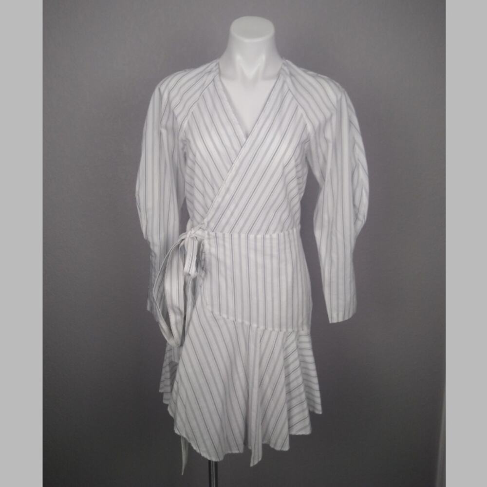 A.L.C. Enzo Striped Puff Sleeve Wrap Dress Size 6 Flaw - Picture 2 of 16